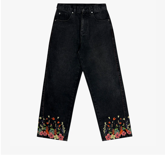RELAXED FIT FLORAL EMBROIDERED DENIM